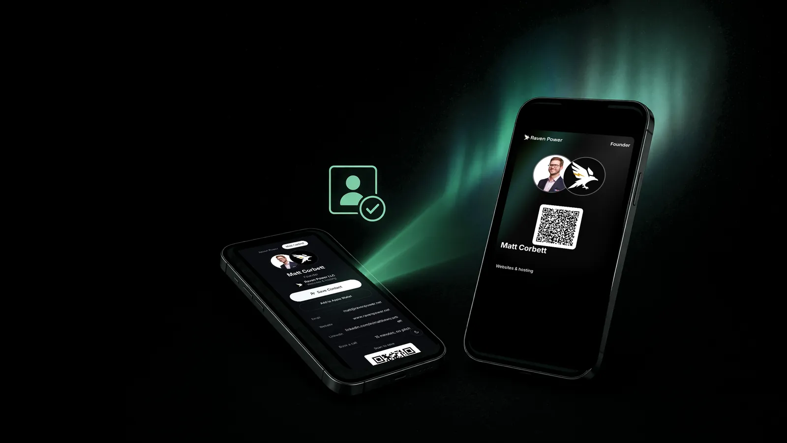 One phone shows a RavenPass with a QR code; a second phone shows the scanned RavenPass card page